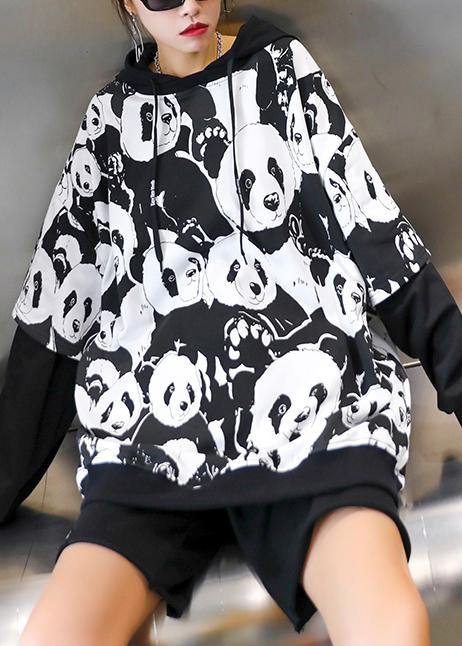 Bohemian black Panda printing tunic pattern hooded daily tops - SooLinen