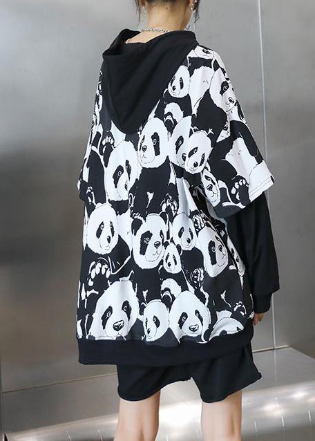 Bohemian black Panda printing tunic pattern hooded daily tops - SooLinen