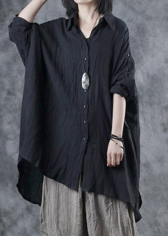 Bohemian black linen crane tops lapel Batwing Sleeve tunic fall tops - SooLinen