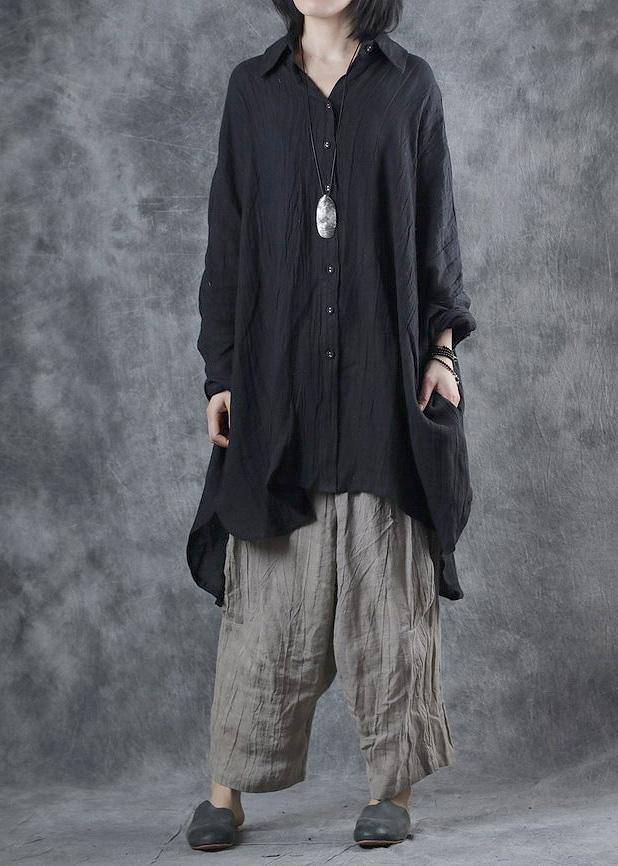 Bohemian black linen crane tops lapel Batwing Sleeve tunic fall tops - SooLinen