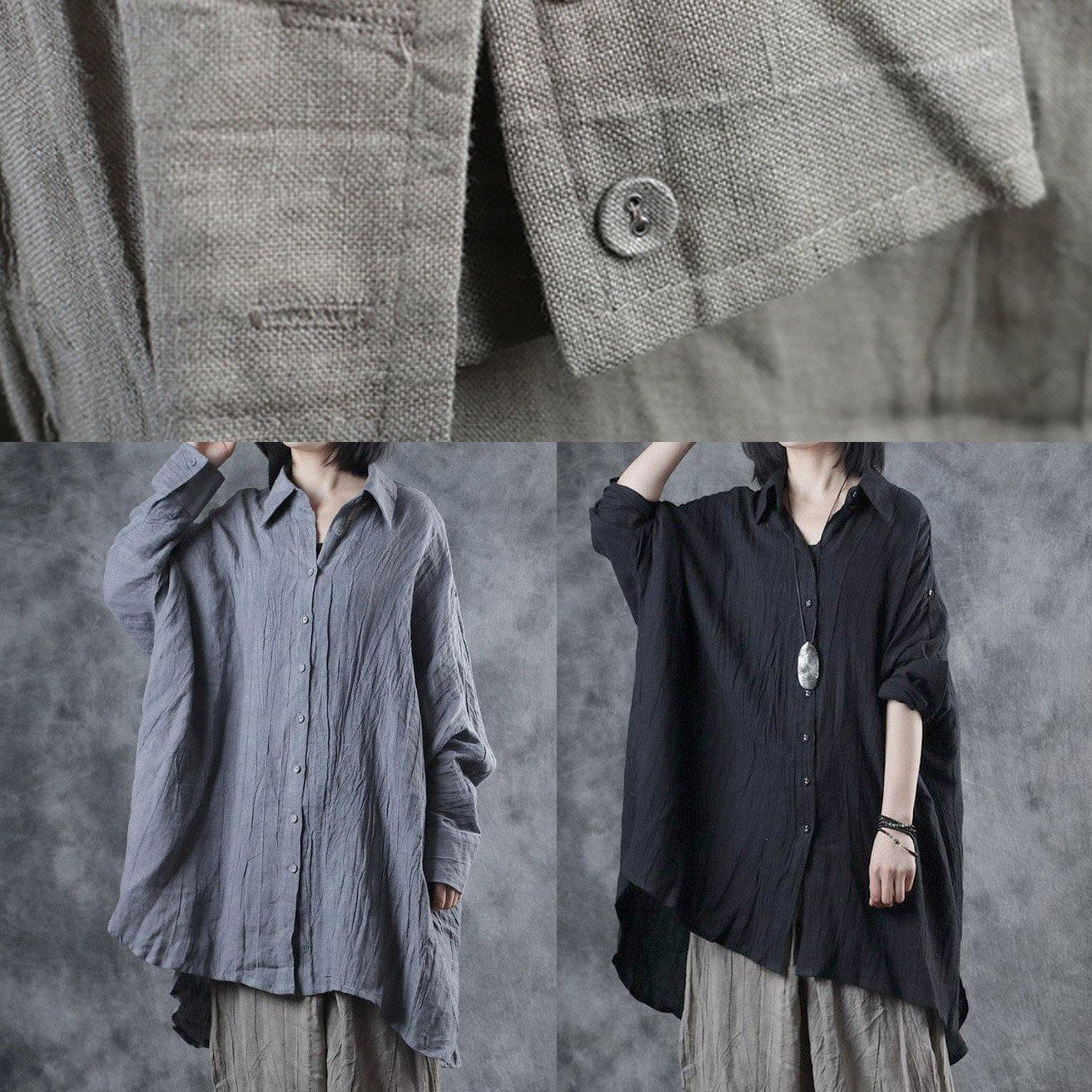 Bohemian black linen crane tops lapel Batwing Sleeve tunic fall tops - SooLinen