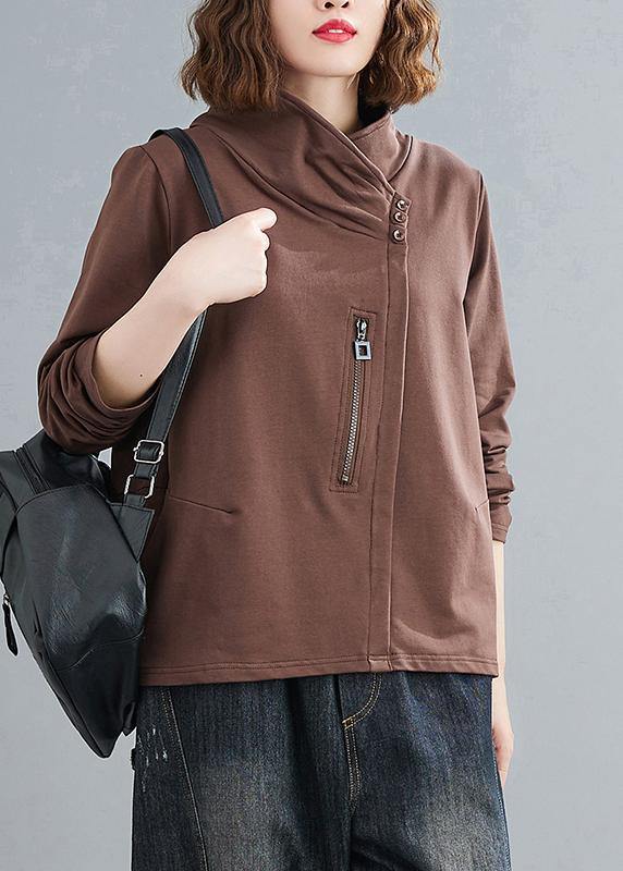 Bohemian chocolate crane tops stand collar zippered daily blouses - SooLinen