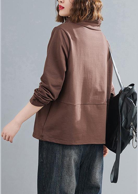 Bohemian chocolate crane tops stand collar zippered daily blouses - SooLinen