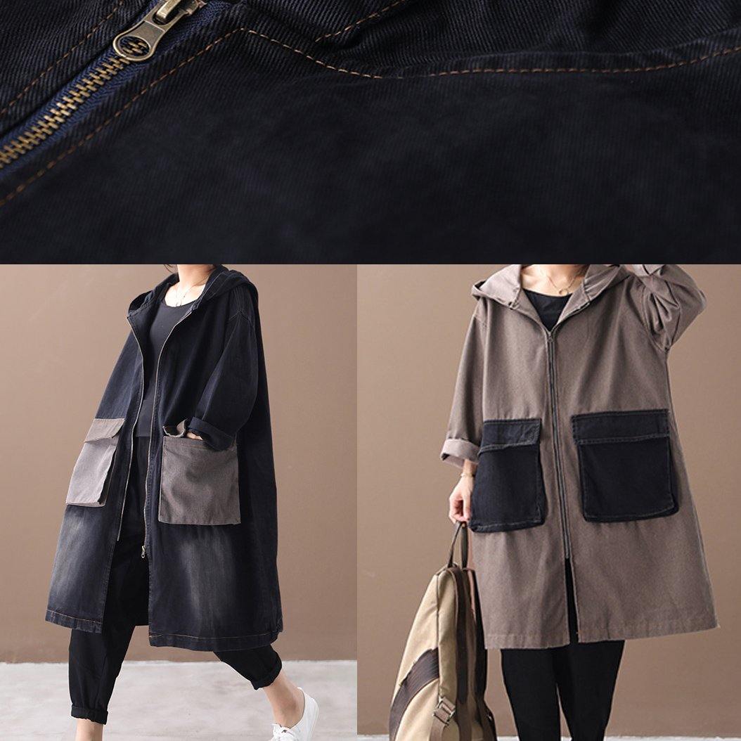 Bohemian denim black Fine tunic pattern Outfits hooded Large pockets winter women coats - SooLinen