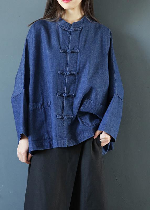 Bohemian denim dark blue clothes For Women stand collar Chinese Button tunic blouse - SooLinen