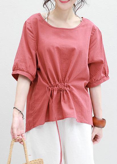 Bohemian half sleeve linen tunic top red drawstring loose top summer - SooLinen