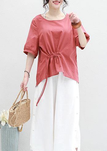 Bohemian half sleeve linen tunic top red drawstring loose top summer - SooLinen