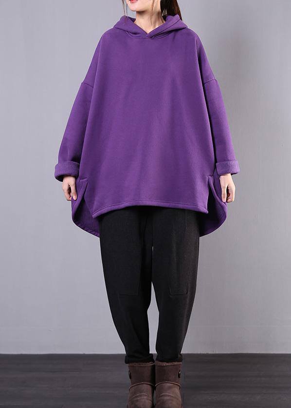 Bohemian hooded low high design cotton Tunic Fabrics purple blouses - SooLinen