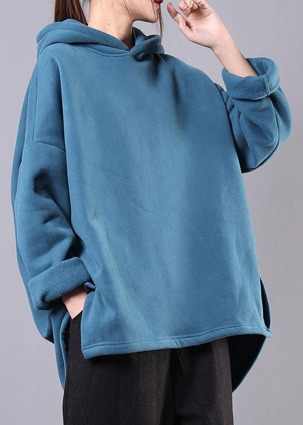 Bohemian hooded pockets cotton clothes For Women Neckline blue tops - SooLinen