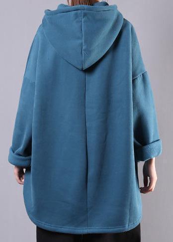 Bohemian hooded pockets cotton clothes For Women Neckline blue tops - SooLinen