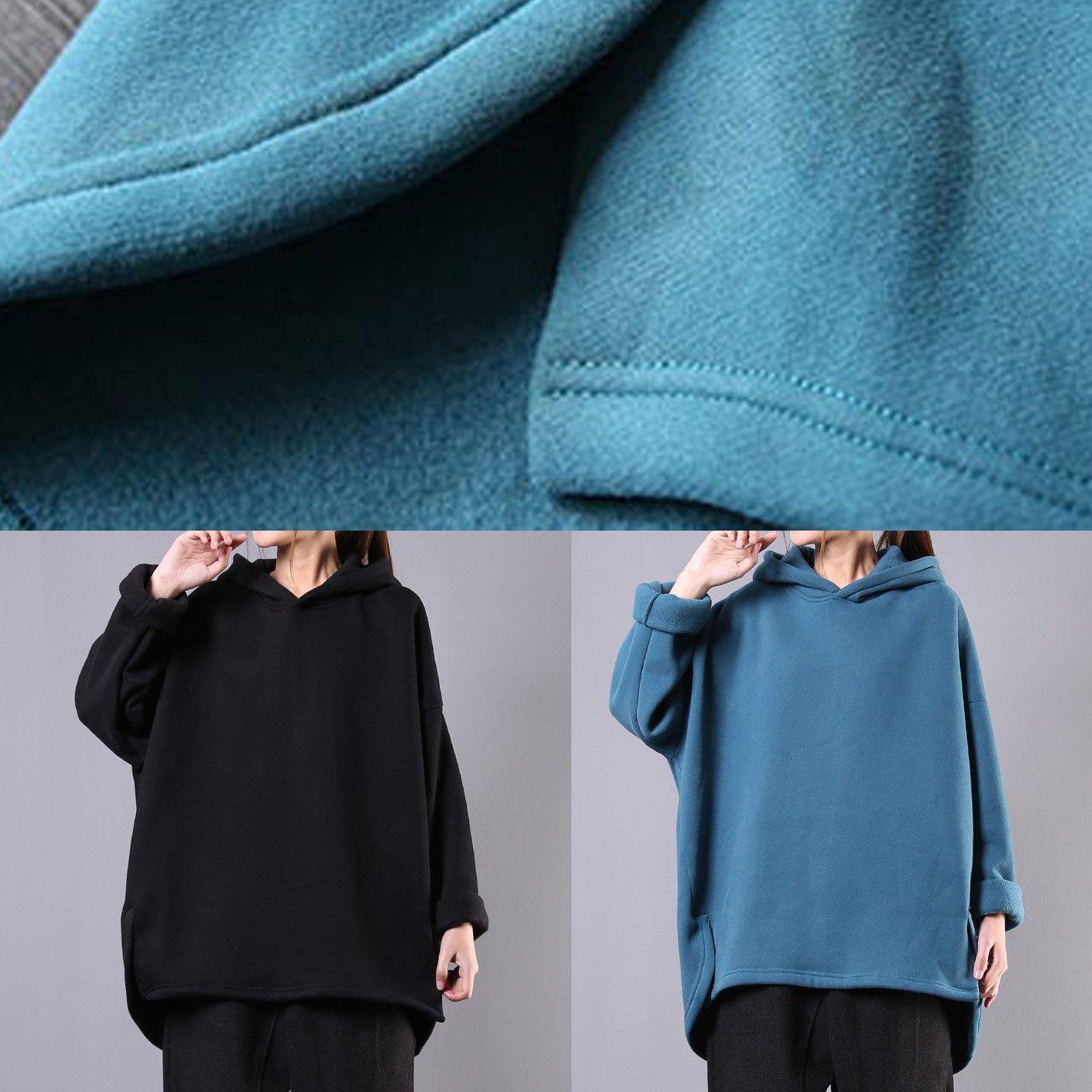 Bohemian hooded pockets cotton clothes For Women Neckline blue tops - SooLinen