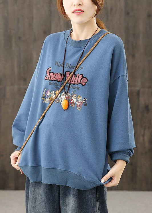 Bohemian o neck top silhouette Shape blue Cartoon print top - SooLinen