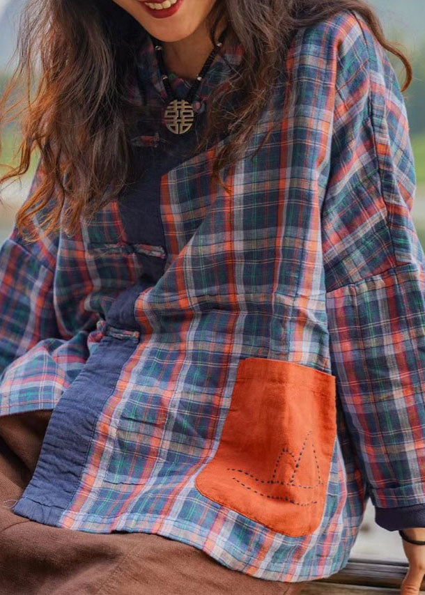 Bohemian retro Plaid Patchwork Button Pockets Fall Shirt Top