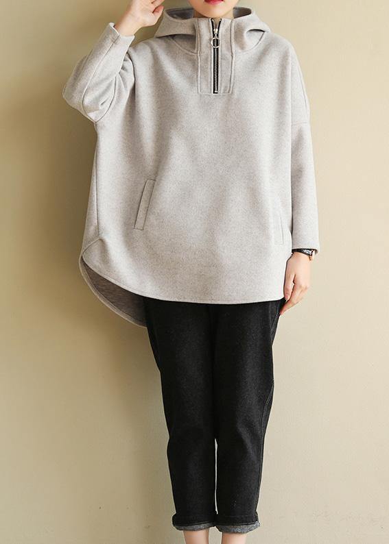 Bohemian zippered cotton hooded crane tops Fabrics gray Sweatshirt - SooLinen