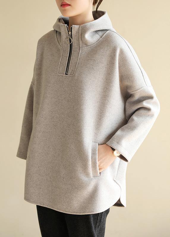 Bohemian zippered cotton hooded crane tops Fabrics gray Sweatshirt - SooLinen