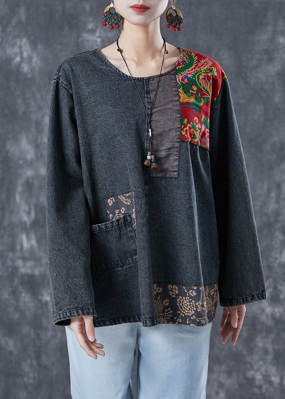 Boho Black Asymétrical Patchwork Denim Sweatshirts Top Spring