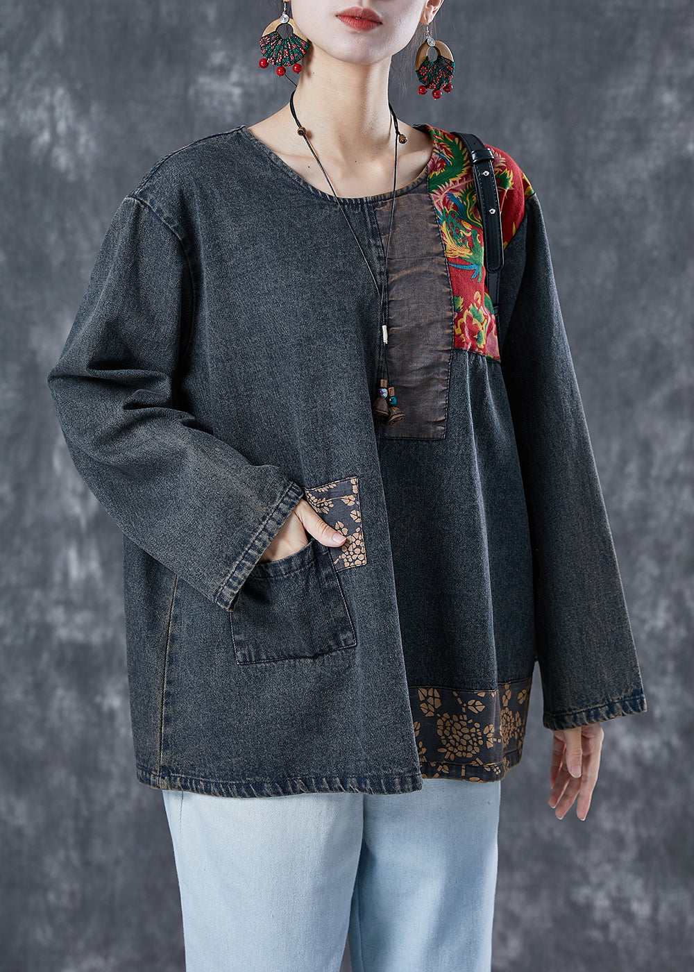 Boho Black Asymétrical Patchwork Denim Sweatshirts Top Spring