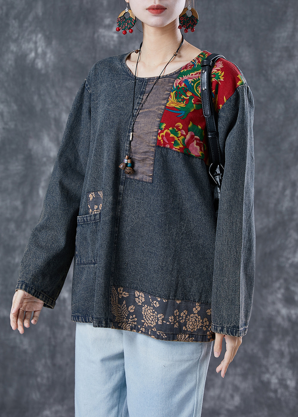 Boho Black Asymétrical Patchwork Denim Sweatshirts Top Spring