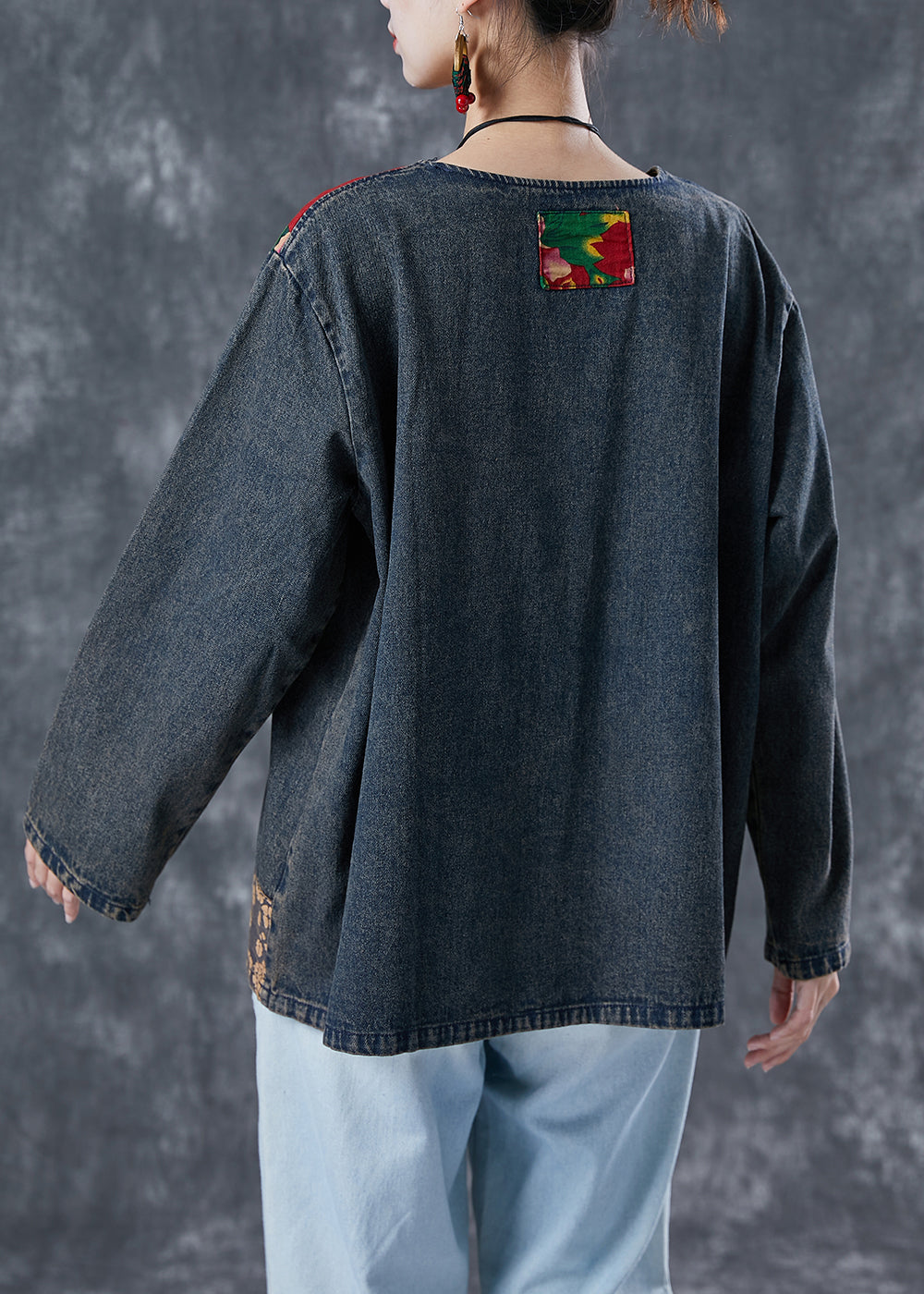 Boho Black Asymétrical Patchwork Denim Sweatshirts Top Spring