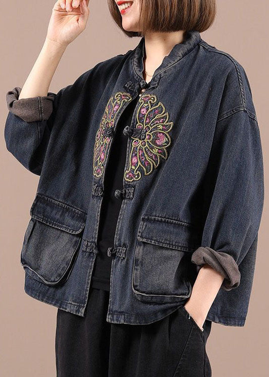 Boho Black Button Poches brodées Vestes en denim d'automne