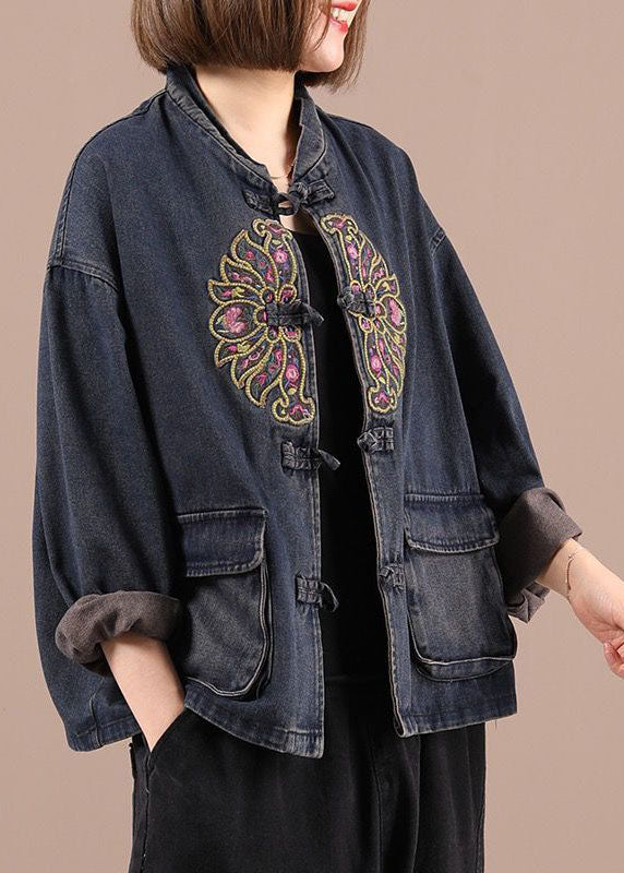 Boho Black Button Poches brodées Vestes en denim d'automne