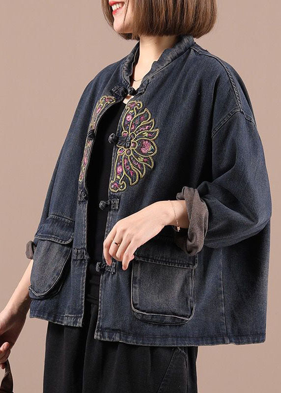 Boho Black Button Poches brodées Vestes en denim d'automne