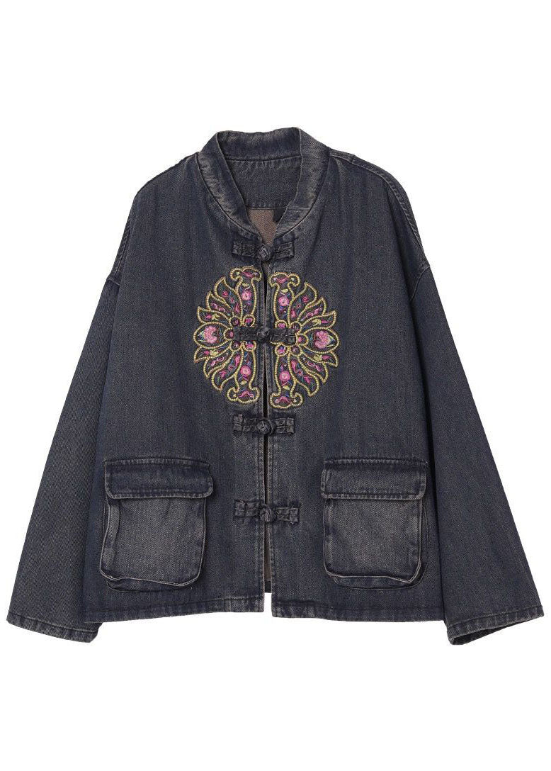 Boho Black Button Poches brodées Vestes en denim d'automne