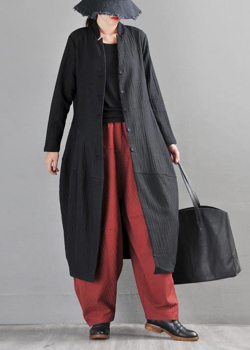 Boho Black Button Long Linen long Trench Coat - SooLinen