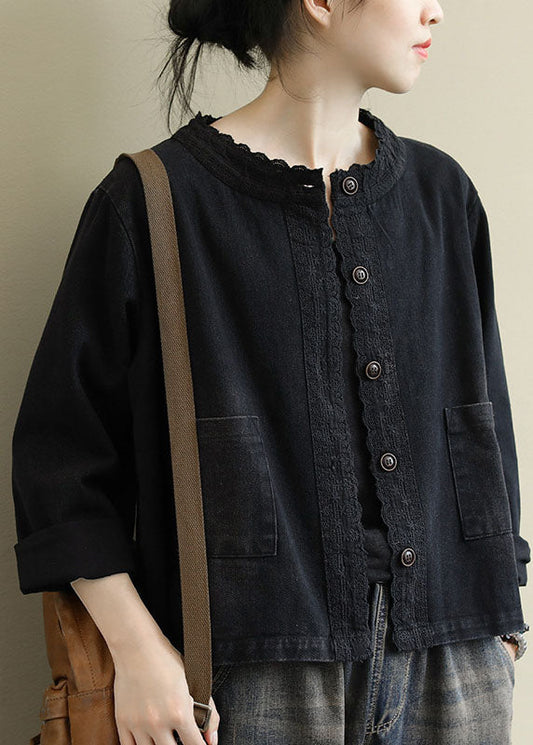 Boho Black Casual Button Broideried Fall Denim Fall Denim