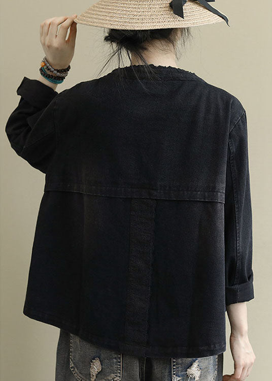 Boho Black Casual Button Broideried Fall Denim Fall Denim