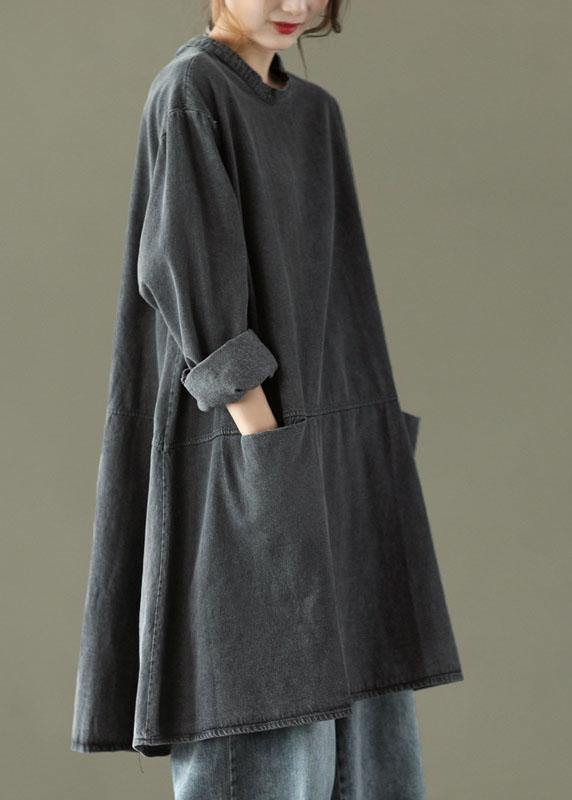 Boho Black Grey O-Neck Pockets Denim Long Dresses Long Sleeve - SooLinen