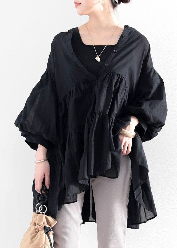 Boho Black O Col Patchwork Patchwork Coton Shirt Top Lantern Sleeve