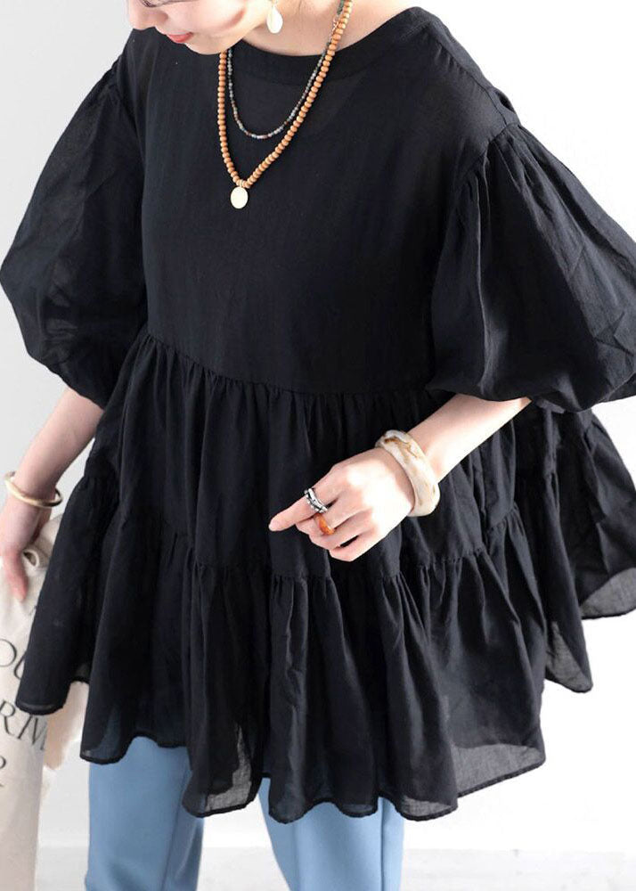 Boho Black O Col Patchwork Patchwork Coton Shirt Top Lantern Sleeve