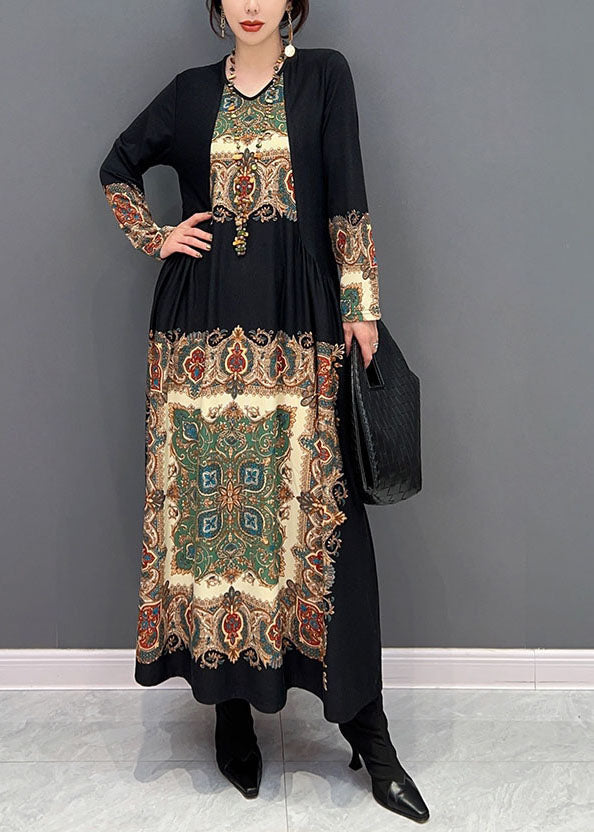 Boho Black O Col Robes de soie imprimé en froissé printemps