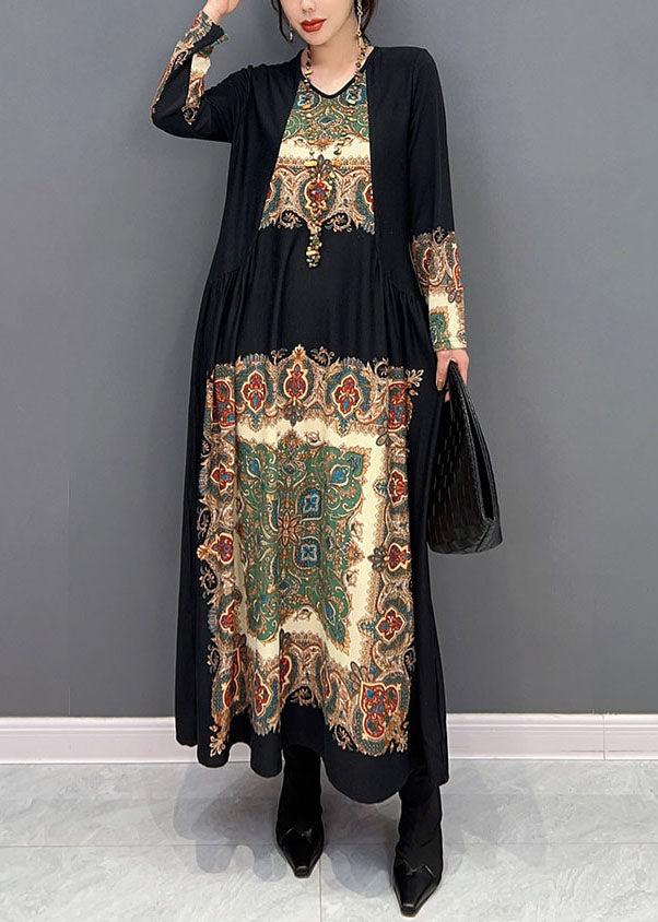 Boho Black O Col Robes de soie imprimé en froissé printemps