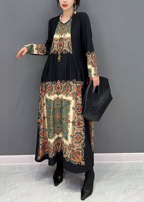 Boho Black O Col Robes de soie imprimé en froissé printemps