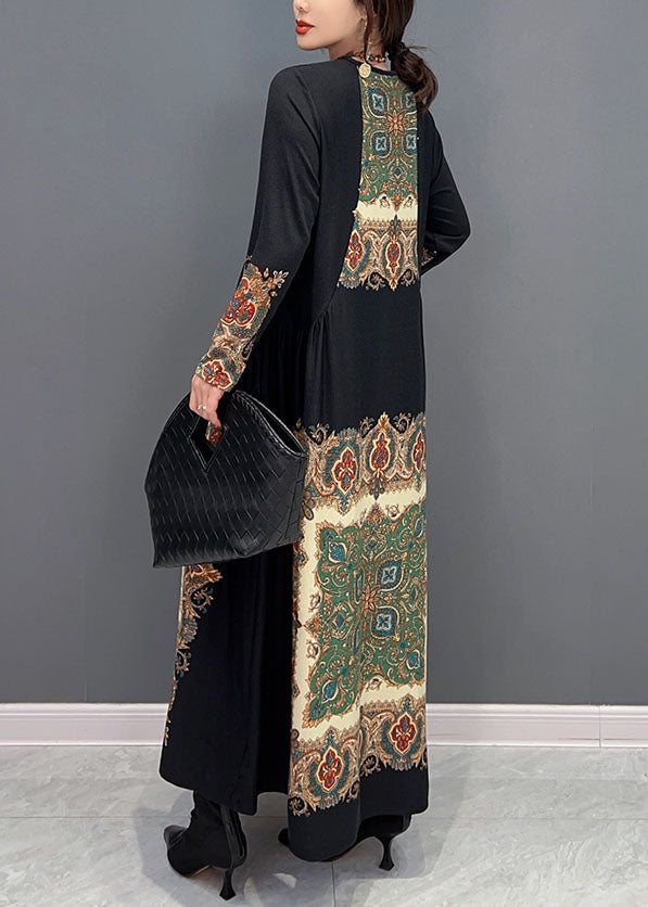 Boho Black O Col Robes de soie imprimé en froissé printemps