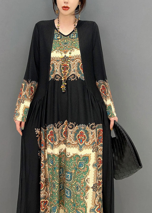 Boho Black O Col Robes de soie imprimé en froissé printemps