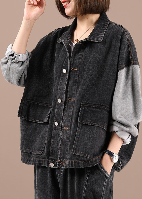 Boho Black Patchwork Pockets Fall Denim Jackets Long Sleeve