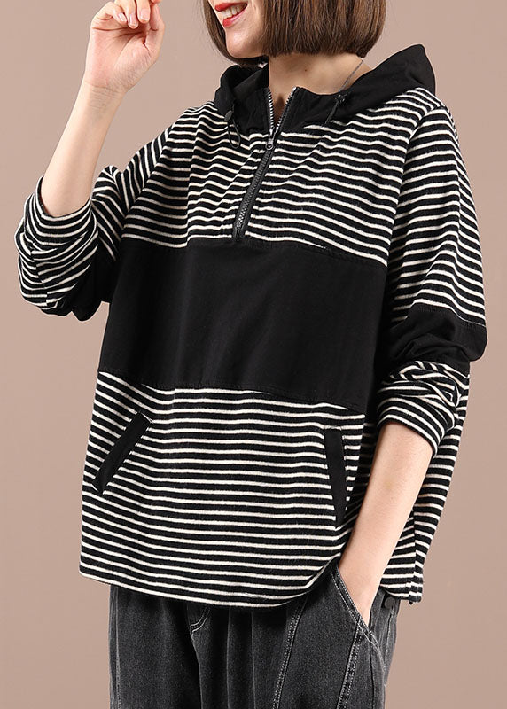 Boho Black Patchwork Striped Pockets Pockets Fall Pullover