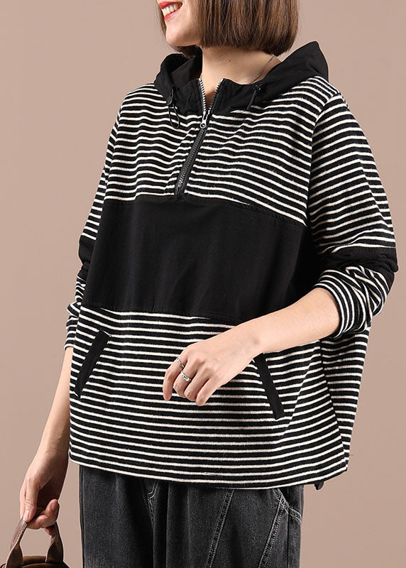 Boho Black Patchwork Striped Pockets Pockets Fall Pullover