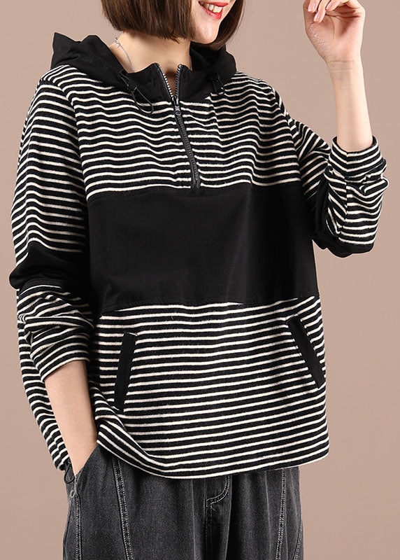 Boho Black Patchwork Striped Pockets Pockets Fall Pullover