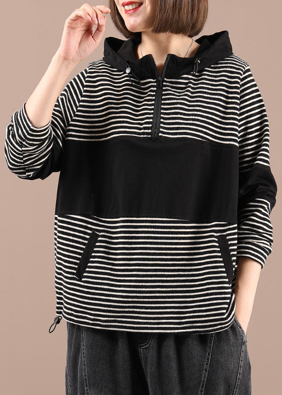 Boho Black Patchwork Striped Pockets Pockets Fall Pullover