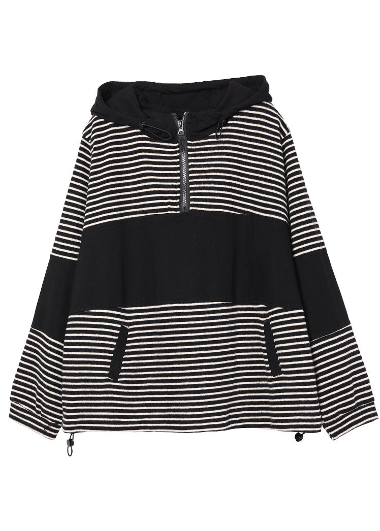 Boho Black Patchwork Striped Pockets Pockets Fall Pullover