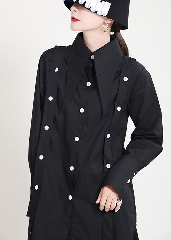 Boho Black Peter Pan Collar Collar Bouton Asymétrique Design Patchwork Shirts Automne à manches longues