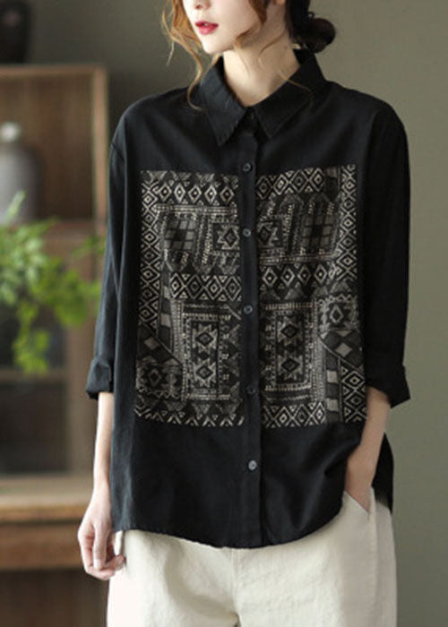 Boho Black Peter Pan Collar Print Cotton ShirtS