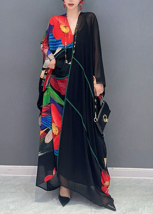 Boho Black V Neck Print Patchwork Chiffon Maxi Dress Summer