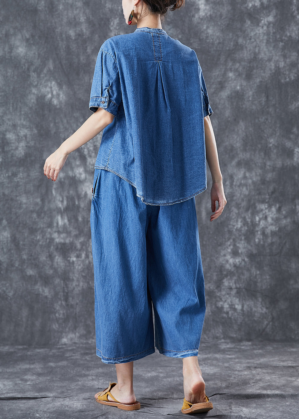 Boho bleu asymétrique brodé en deux pièces en deux pièces chute