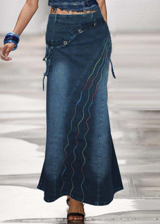 Boho Blue Broideried Patchwork Denim Jirts Summer