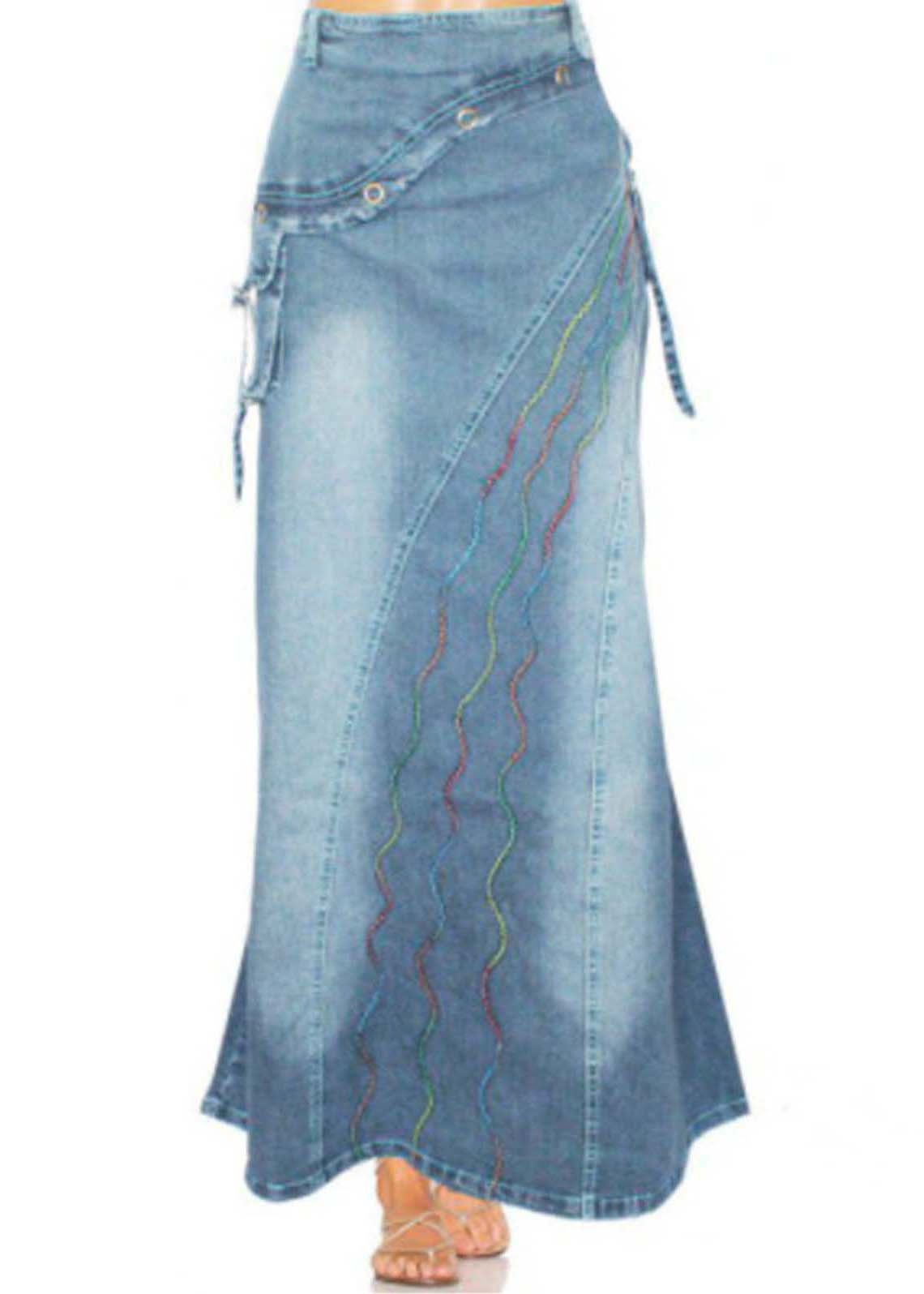 Boho Blue Broideried Patchwork Denim Jirts Summer